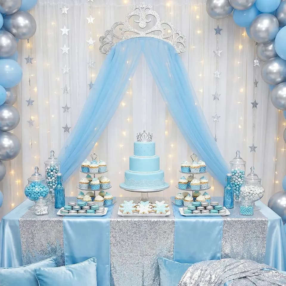 Blue 3 Pcs Princess Party Decor, Glitter Felt Crown, 2.5x8ft Tulle Curtain