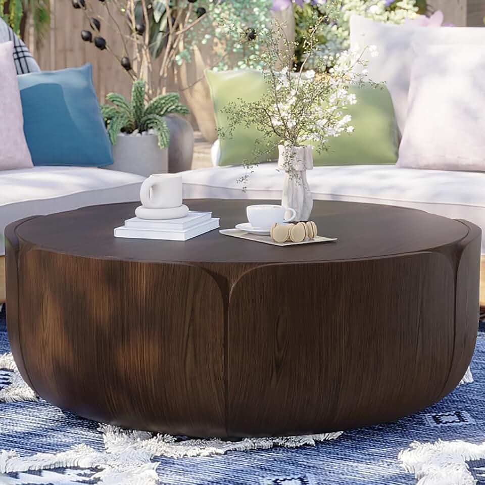 KEIKI Round MGO Outdoor Indoor Coffee Table, Mid Century Modern Side Table with Wide Pedestal & Tabletop, Waterproof Center Drink End Tables for Patio Garden Living Room, No Assembly Required, Walnut