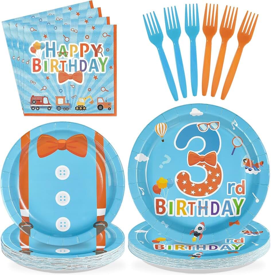 96Pcs Blue Orange 3rd Birthday Party Decorations Serves 24