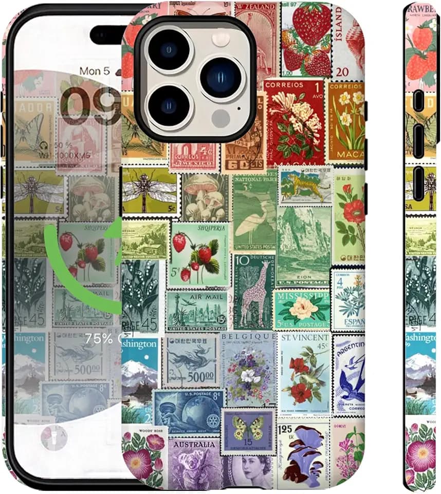 Phone Case for iPhone 15 Pro Max Case Vintage European Stamps Collage Retro esign for Women Girls [Compatible with Magsafe] Rugge 2-in-1 Layer Shockproof Anti-Scratch Phone Cover Multicolor