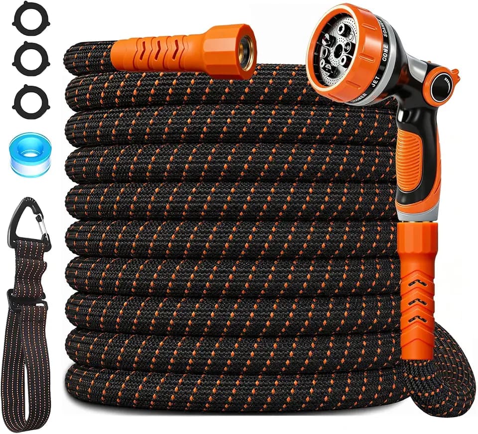 Flexible Garden Hose 50 Ft, Ultra Lightweight Water Hoses w/10 Function Sprayer, Non-Kink, All-Weather Hose Pipe,Abrasion Resistant for Yard, Lawn,Car,RV,Boat,Outdoor Gardening (OrangeBlack,50 Ft)