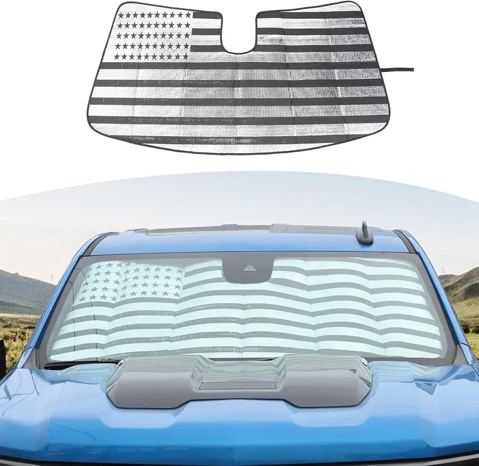RT-TCZ for Silverado Windshield Sun Shade Screen Compatible with Chevy Silverado GMC Sierra 2019-2023 America Flag Accessories