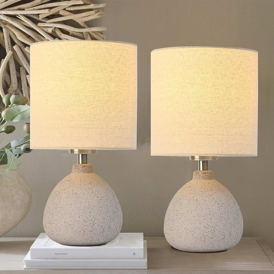 BrightWe Earth Brown Rustic Ceramic Table Lamp Set of 2, Small Table Lamp Farmhouse Rustic Lamp Set Bedside Table Lamps for Bedroom Nightstand Side Table Lamps for Living Room, 13.7IN