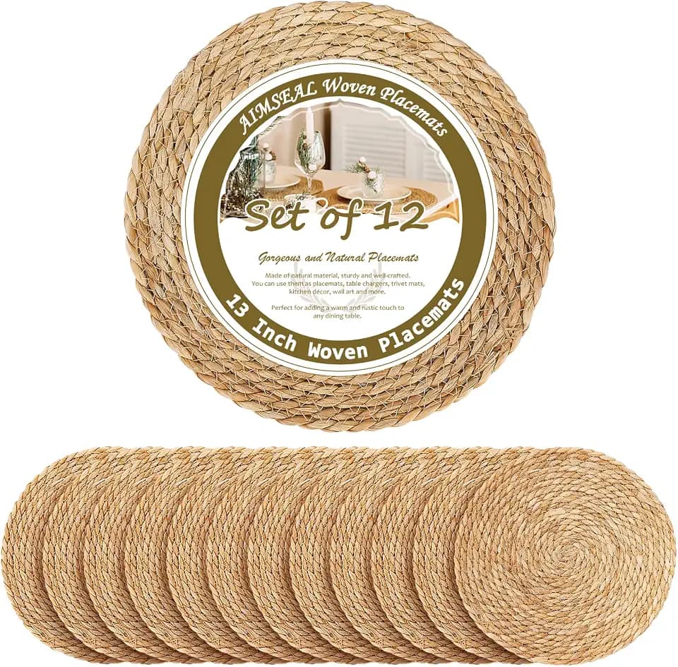 13" Round Placemats Set of 12, Rattan Place Mats for Dining Table Decor, Rustic Woven Wicker Chargers for Dinner Plates, Outdoor Patio, Farmhouse Wedding, Boho Water Hyacinth Braided Placemat