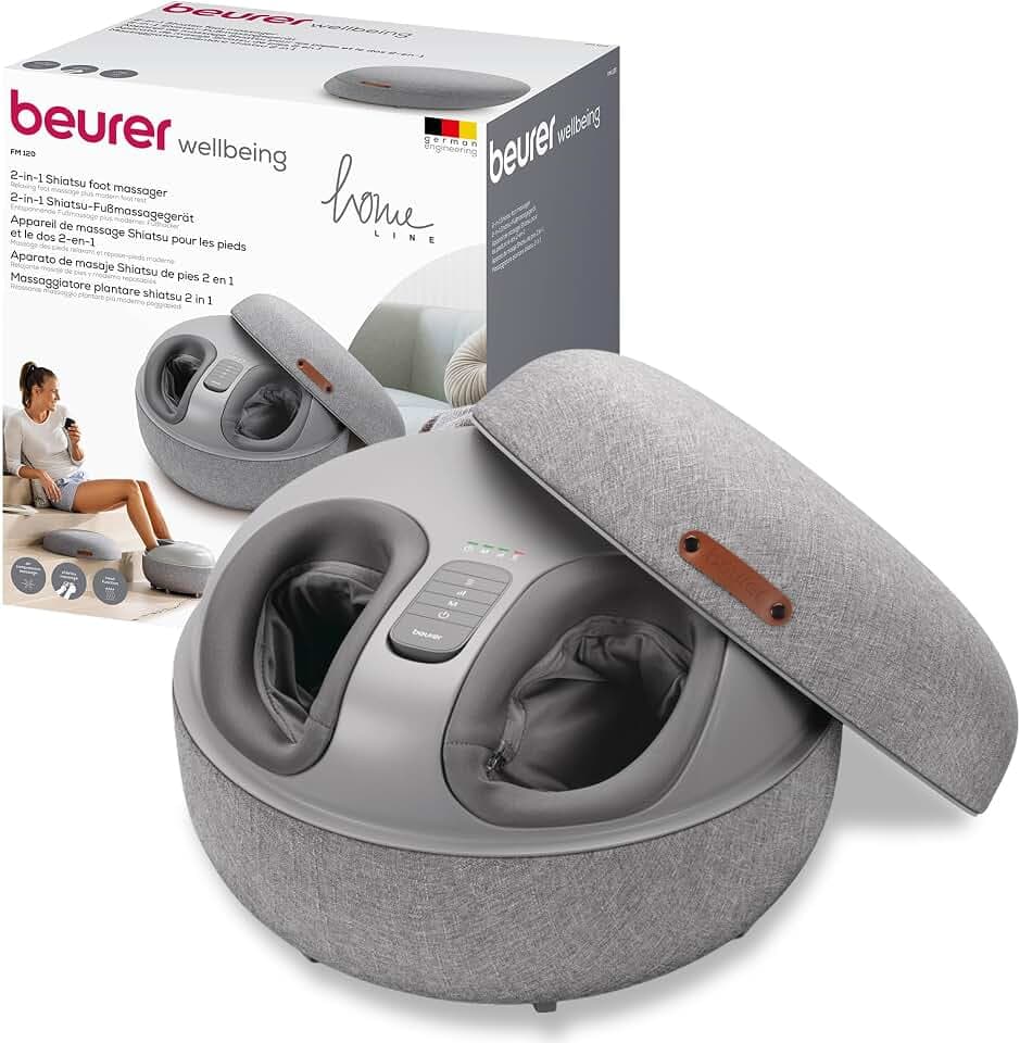 Beurer FM 120 2-in-1 Shiatsu-Fußmassagegerät und moderner Sitzhocker, wohltuende Luftkompressionsmassage zur Entspannung und Regeneration, mit zuschaltbarer Wärmefunktion, hochwertiges Textil