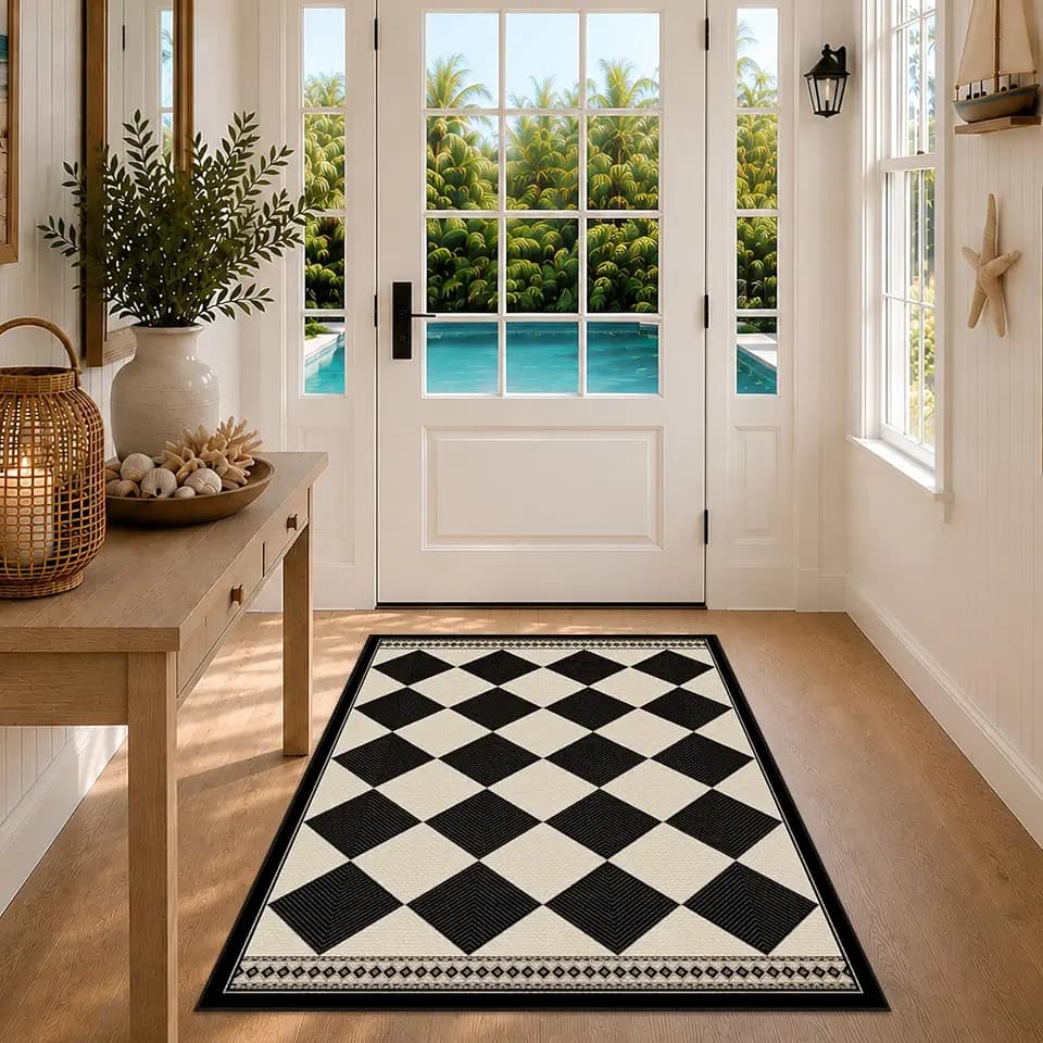 Black and White Geometric Easy Jute Entryway Rug 3x4, Washable Non-Slip Vintage Outdoor Front Porch Rug, Classic Traditional Low Pile Indoor Carpet for Kitchen, Bathroom, Laundry Room