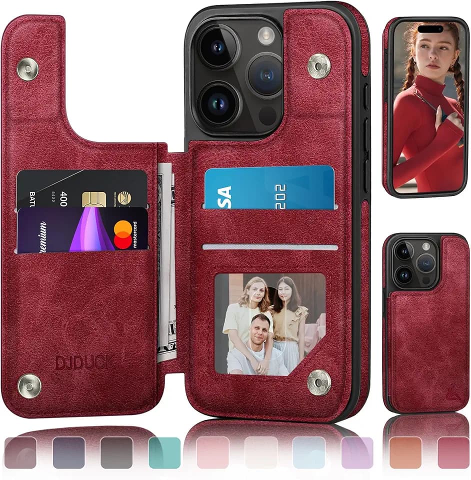 DJDUCK Designed for iPhone 15 Pro Case Wallet with Card Holder, [RFID Blocking Leather Protection] [Magnetic Clasp Cover] Shockproof Men Women Cases 6.1 Inch for Apple 15 Pro Red