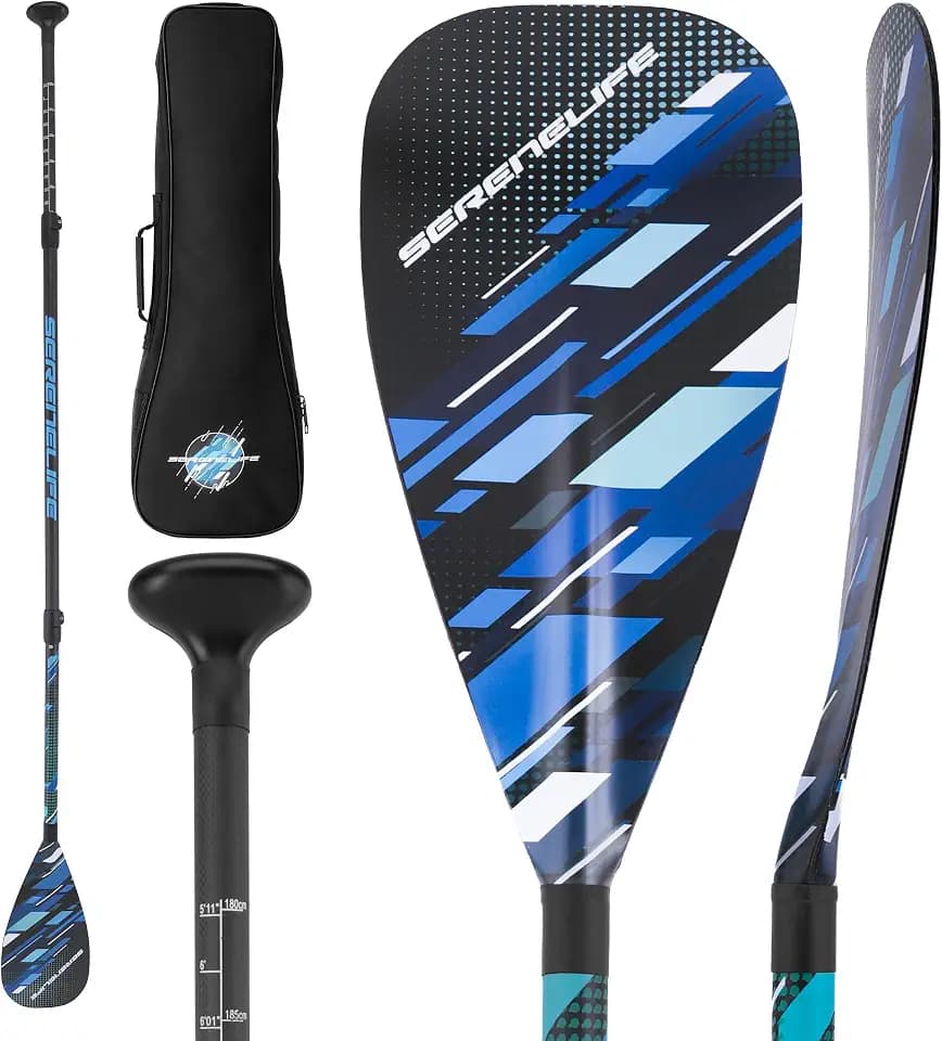 SereneLife Carbon Fiber Paddle Board | 70-86 Inches Adjustable SUP Paddle | 3-Piece Lightweight 60% Carbon Fiber Shaft | Oval Shaft Lever Lock Clamp with Comfortable Grip | Carrying Bag Included