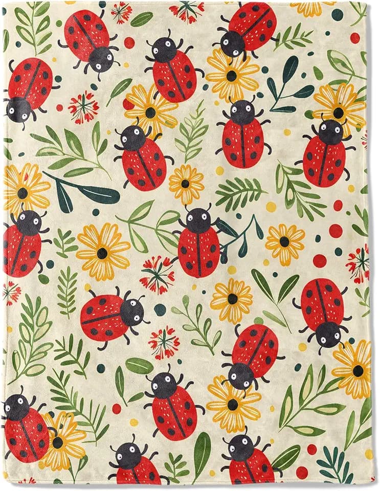 Cute Ladybug Flannel Blanket - Lightweight Soft Cozy Unique Gifts Blankets for Kids,Adult,Women, Nature Lovers,Cute Colorful Flower Throw,Home Room Modern Decor 50x60in