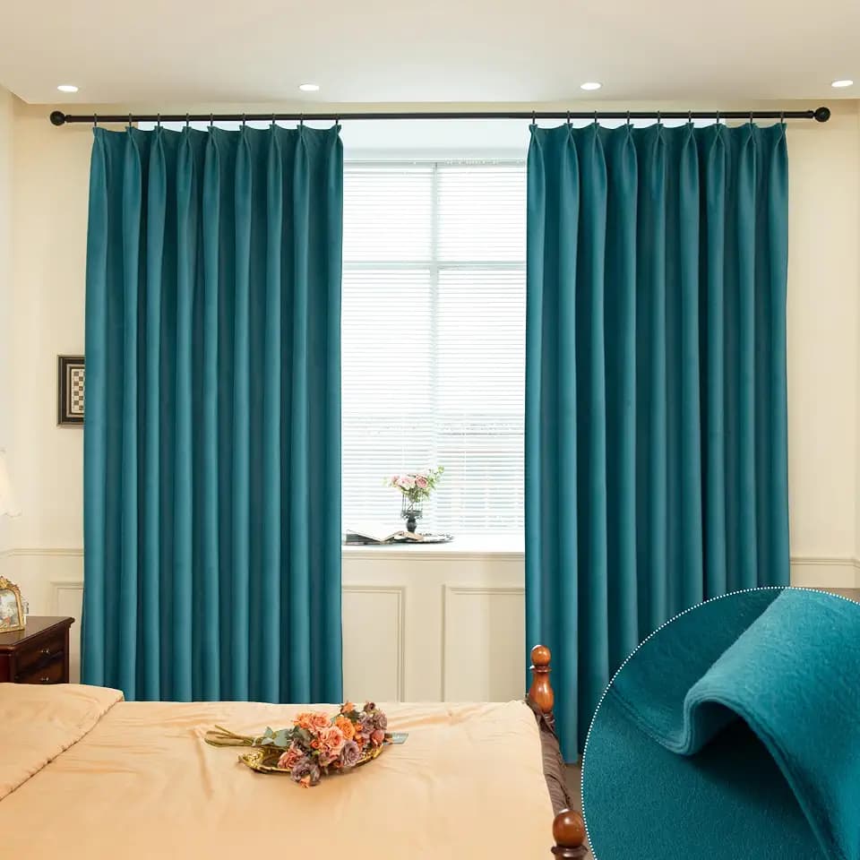 MUMFAS Velvet Pinch Pleat Solid Thermal Insulated 85% Blackout Patio Door Curtain Panel Drape for Traverse Rod and Track, Soft Velvet Pinch Pleated Curtain Teal Green 52" W x 108" L (One Panel)