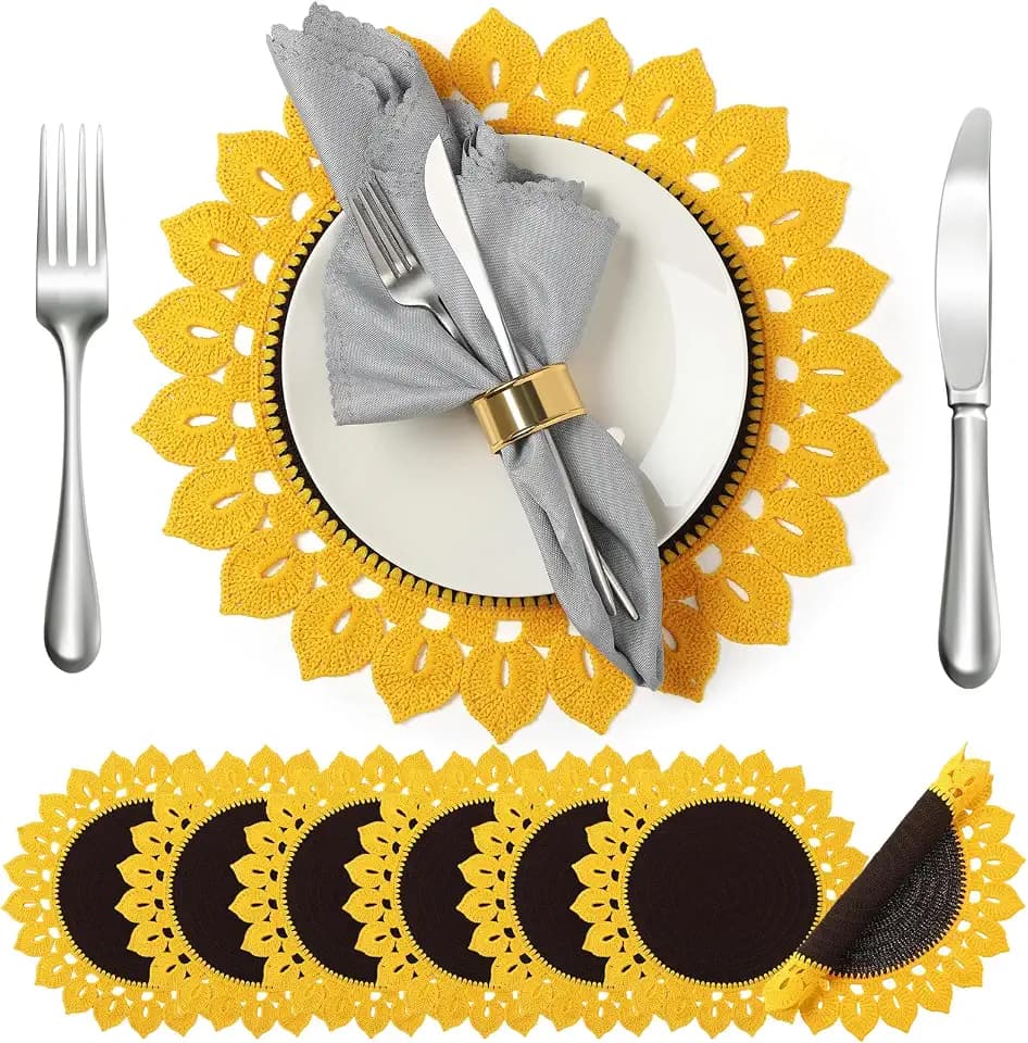 14" Sunflower Placemat Set of 6 Embroidered Place Floral Mats Cotton Washable Table Placemats Spring Summer Sunflower Table Mats for Kitchen Farmhouse Wedding Baby Shower Decoration