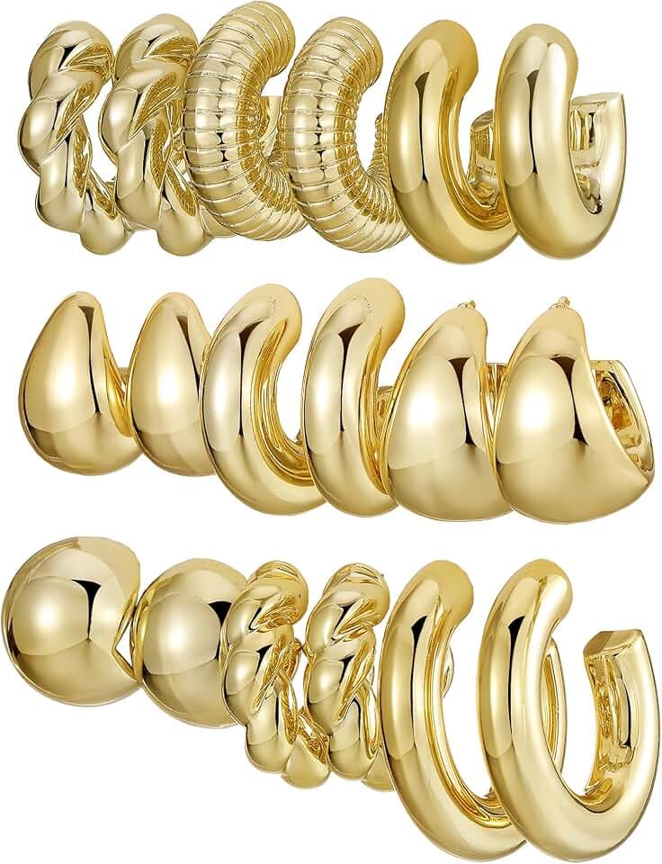 IFKM 24 Pairs Gold Hoop Earrings Set for Women Hypoallergenic Chunky Chain Twisted Open Hoops Dangle Earring Packs for Birthday Party Christmas Fashion Jewelry Gift
