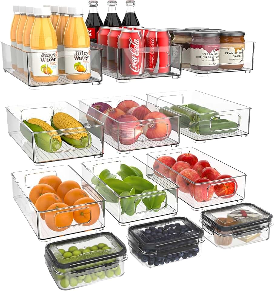 Kühlschrank Organizer Stapelbar, Aufbewahrungsbox Küche (12 Stück) | Speisekammer Vorratsbehälter Durchsichtig Behälter für Kühlschrank, Küchen, Schränke