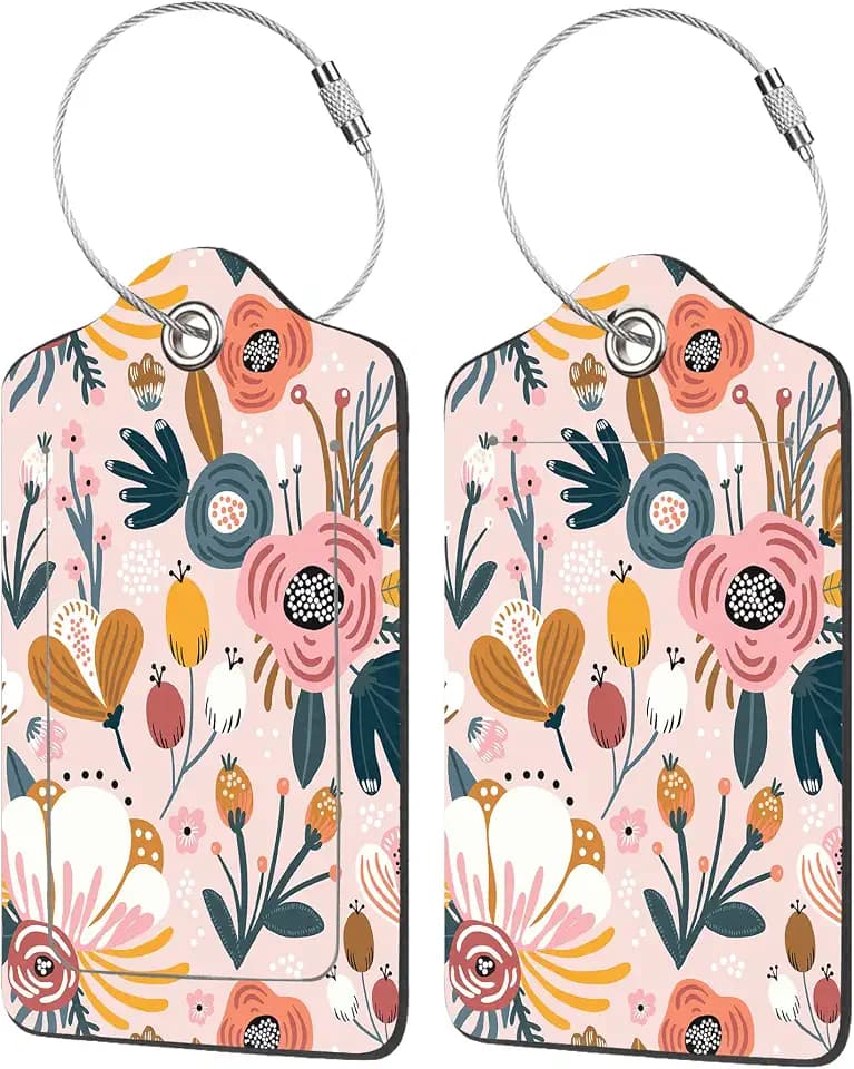 2 Pack Luggage Tag for Suitcase,Creative Floral PU Leather Suitcase Tags Identifiers with Privacy Name Address Labels and Durable Steel Loop for Women Men Travel