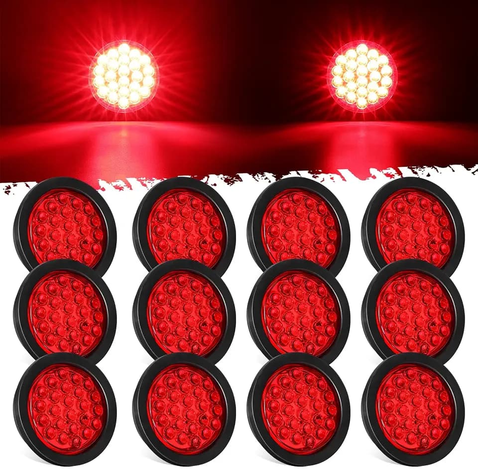 Partsam 12Pcs 4 Inch Round Led Trailer Tail Lights Kit Red 24 LED Waterproof 4" Brake Stop Turn Tail Marker Trailer Lights Sealed Flush Mount for Truck RV Boat UTE UTV 12V Grommet Plug Included