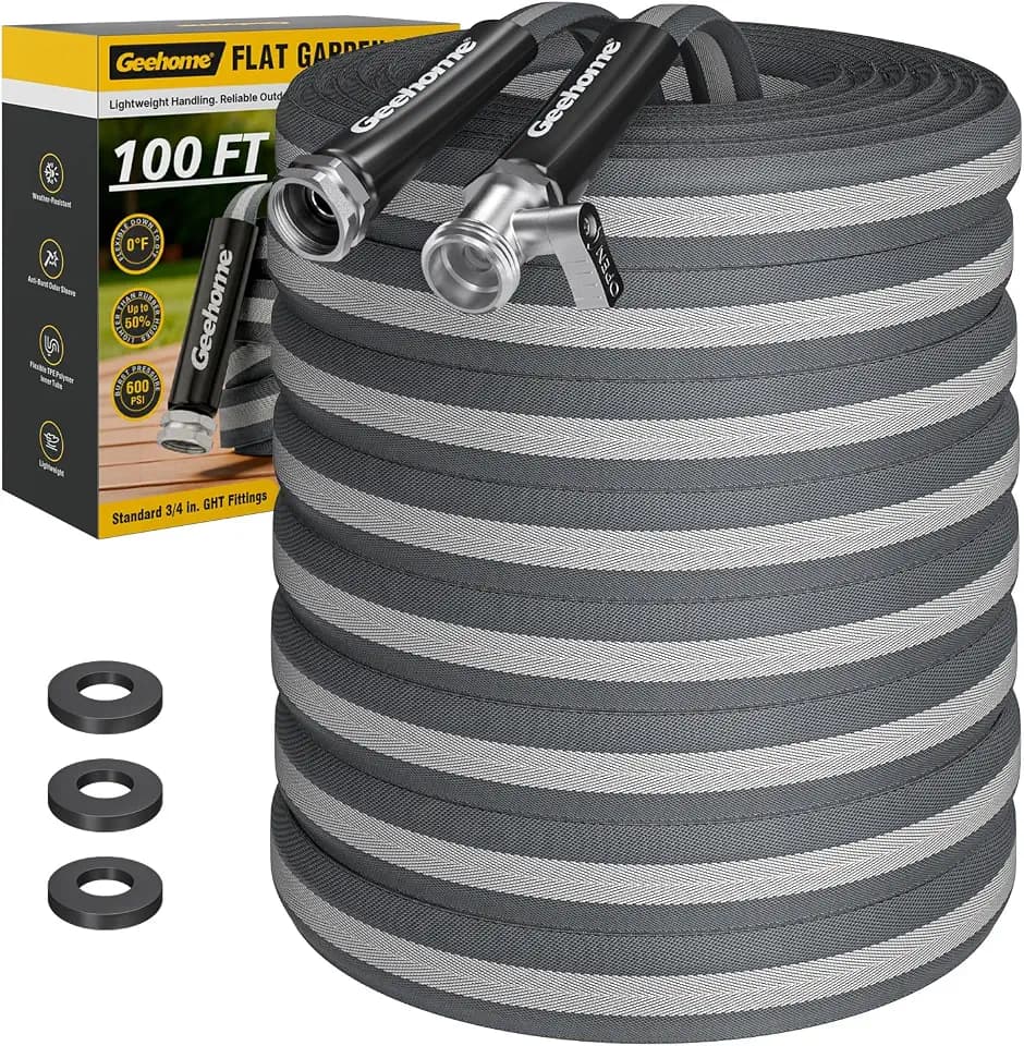Lightweight Flat Garden Hose 100FT, Flexible Water Hose with Shutoff Valve, TPE Inner Tube, 3/4" Metal Fittings, Practical Dark Finish for Garden, Yard and Outdoor Cleaning