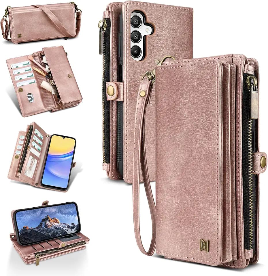 Compatible with Samsung Galaxy S25 Plus/S24 Plus Wallet Case,RFID Blocking PU Leather Phone Case Women Men Kickstand flip Cover Wrist Strap Zipper Credit Card Holder Slots(Rose Gold)