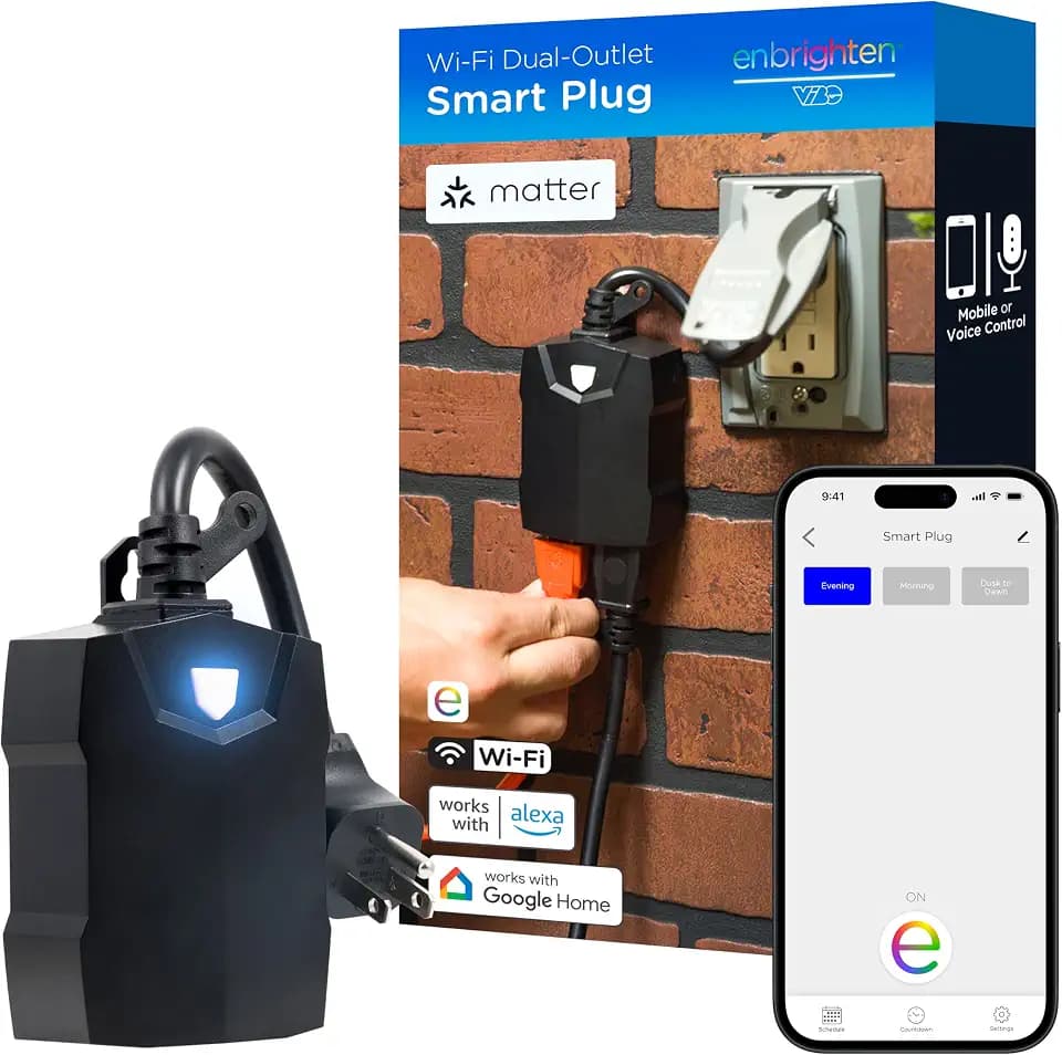 Enbrighten Matter Outdoor Smart Plug, 2 Individual Grounded Outlets, Black