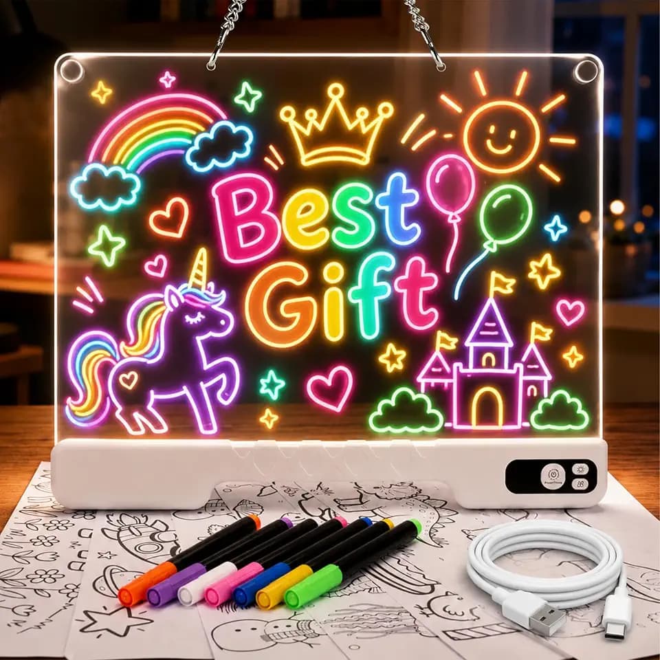 Rechargeable LED Drawing Board for Kid - 16" Doodle Glow Neon Art Note Boards, Holiday Birthday Gifts Toy for Kids Girls Boys Teens, Light Up Acrylic Dry Erase Message Note Writing Pad with 7 Markers