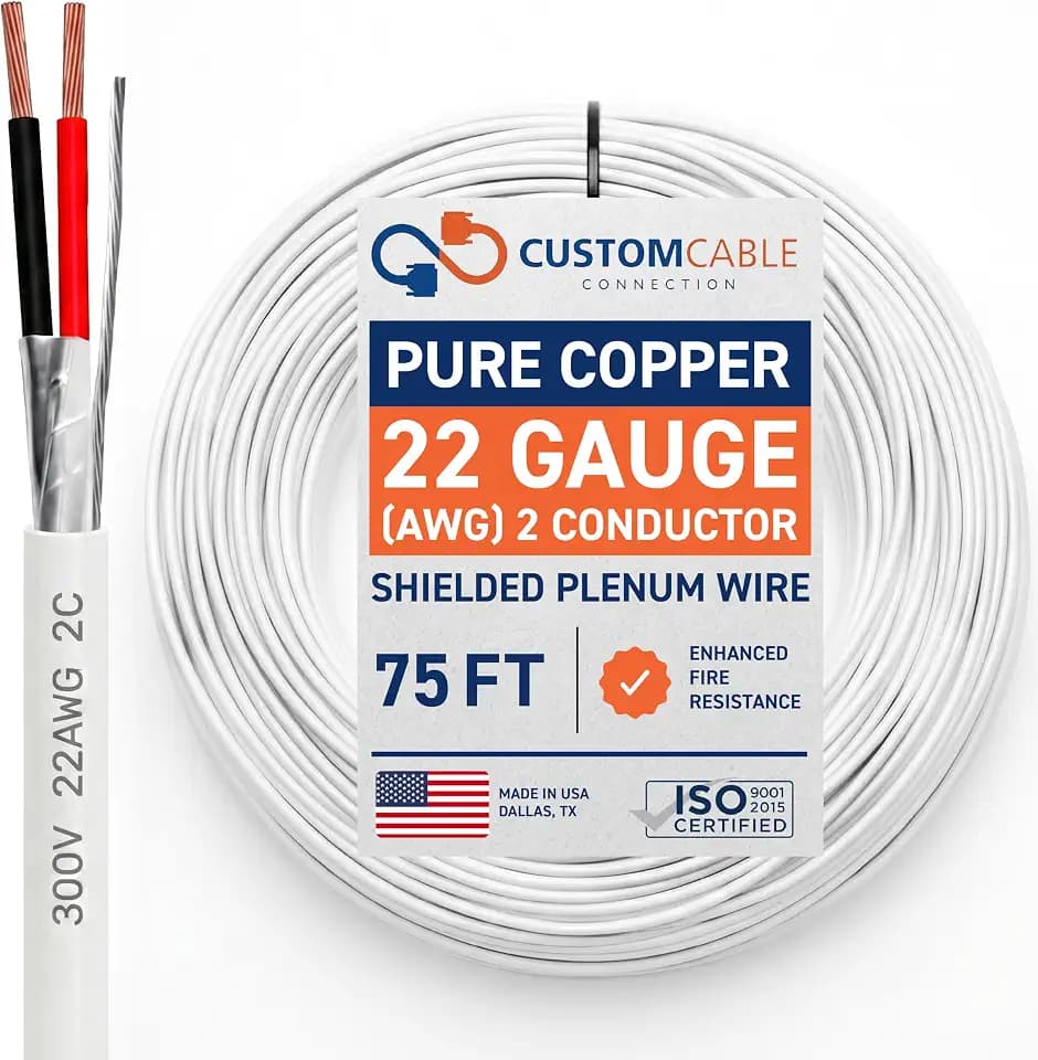 Custom Cable Connection Stranded Shielded Plenum CMP Cable, UL Listed CL3P Low Voltage Wire, 22 AWG 2 Conductor, 75 ft, White