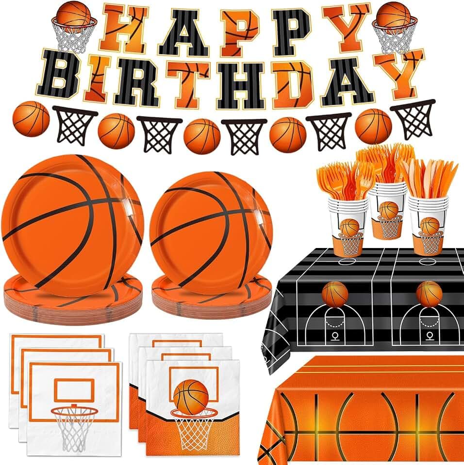 QIYANPAX 147 PCS Basketball Party Decorations - Basketball Party Supplies - Plates, Napkins, Cups, Cutlery, Banner, Tablecloths for Birthday Party Decorations, Serves 24
