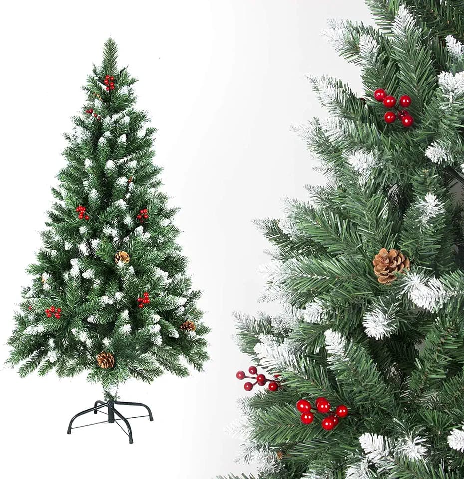 Weihnachtsbaum künstlich, 120/150/180/210 cm mit Tannenzapfen, Tannenbaum mit Schnee-Effekt und rote Beere Deko, beschneiten Spitzen und Kunsttanne mit Metallständer (180cm)