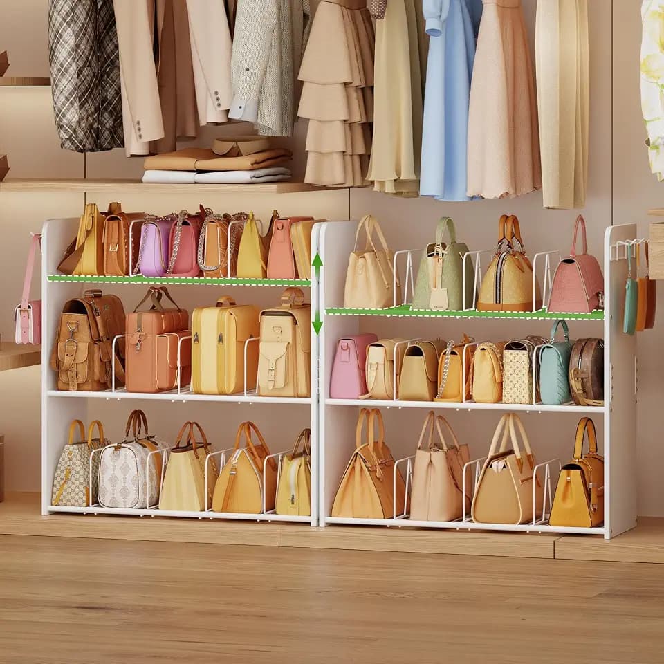 3-Tier Purse Organizer for Closet,Purse Rack Stand with Adjustable Dividers