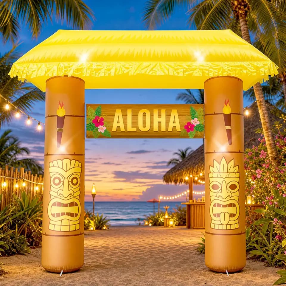 7.8FT Luau Tiki Hut Inflatable Arch for Summer Outdoor Decorations, Tropical Hawaiian Blow Up Archway Built-in 4 LED Lights for Beach Pool Birthday Party Decor, Bar Patio Yard Garden Photo Backdrop