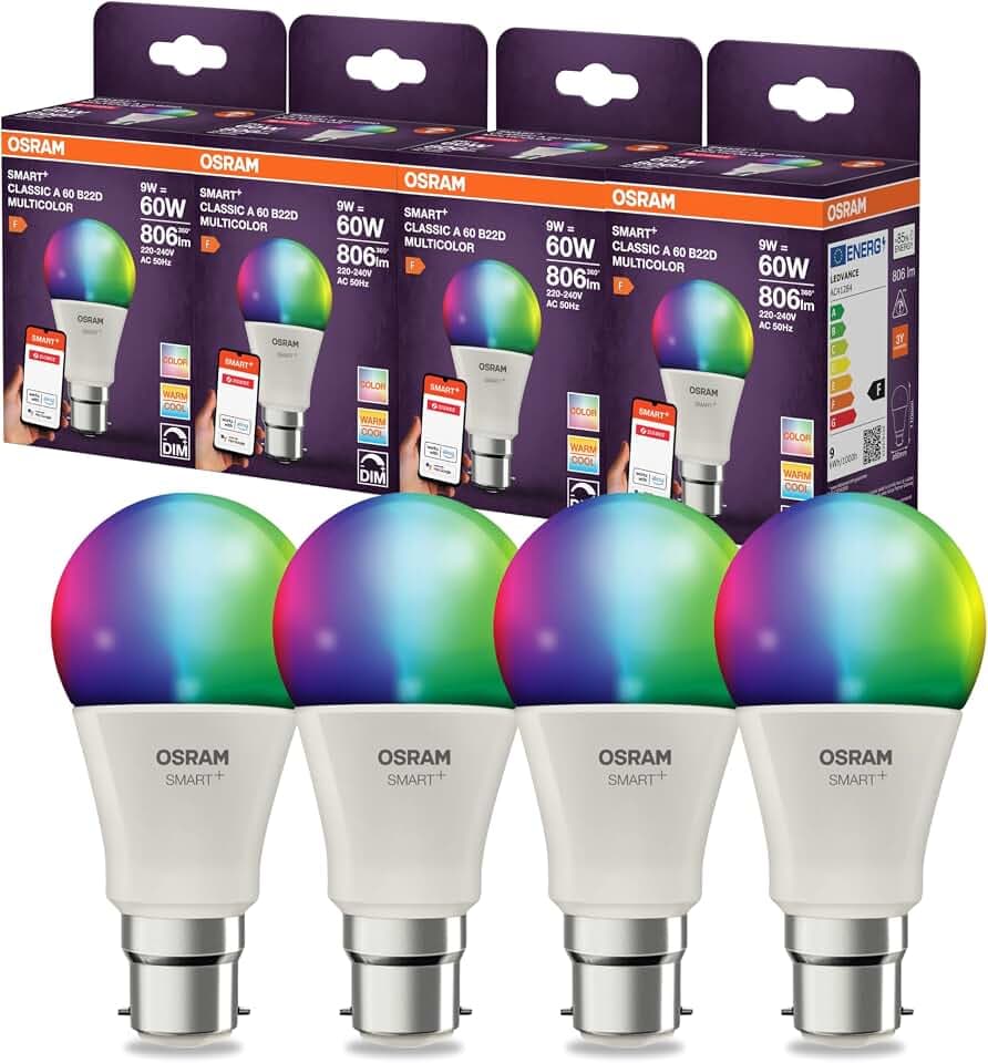 Osram SMART LED A60 Kolbenform B22D 9W ZigBee RGBW Farben | SMART+ ZIGBEE Multicolor Classic, LED Lamps, Weiß, 60 mm dia, 20000 h, 4-Pack