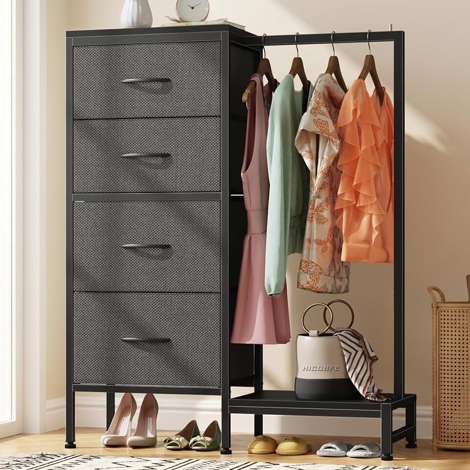 HIGDBFE Dresser with Hanging Rack, 4 Drawers Small Closet for Bedroom, Reversible Fabric Kids Chest of Drawers with Clothes Rack, Tall Storage Tower, Sturdy Frame, Grey, 44''H