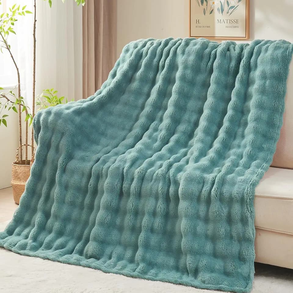 NEWCOSPLAY 3D Bubble Flannel Throw Blanket for Couch Light Teal, 50"×60"