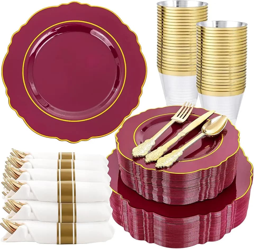 Liacere 350PCS Red Plastic Plates-Disposable Burgundy Red and Gold Plates 50guest Baroque Plastic Dinnerware include 100Plates, 50Pack Pre Rolled Napkins with Silverware 50Cups for Party & Halloween