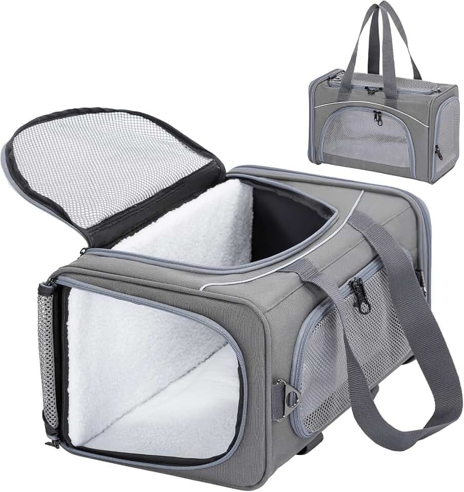 Petsfit Transporttasche Katze & Hundetasche Flugzeug | Flugtasche für Hunde & Transportbox Katze | Flugtaugliche Haustiertasche | Sicherer Transport in Auto, Flugzeug und Bahn, S/Grau