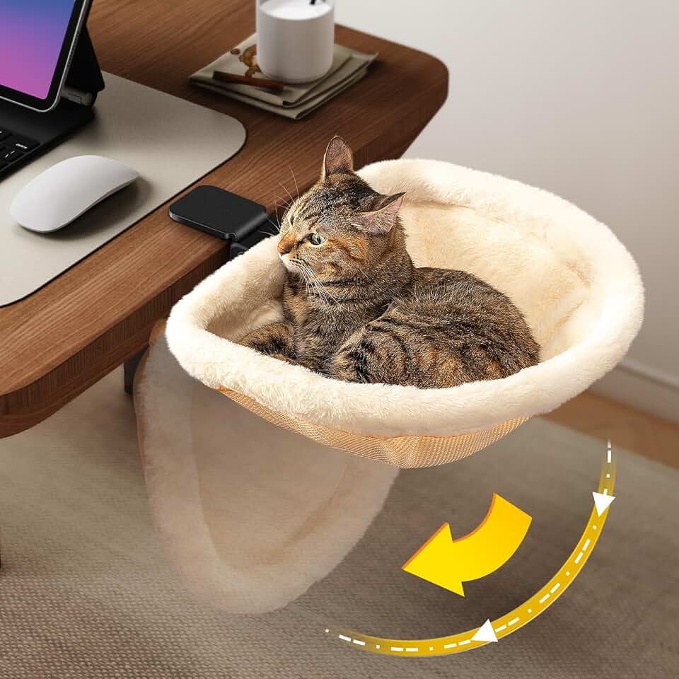 JUNSPOW Cat Desk Bed One-Click Folding Maximum Holds 40lb, Cream Fur