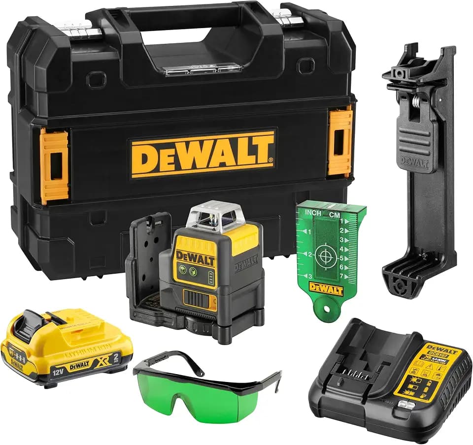 Dewalt 10,8 Volt 2x360° Linienlaser, Grün DCE0811D1G (Selbstnivellierend, horizontal & vertikal, inkl. 10,8 V/ 2 Ah XR-Akku, Ladegerät, Wandhalterung, Zieltafel, Lasersichtbrille, Koffer) 1 Stück