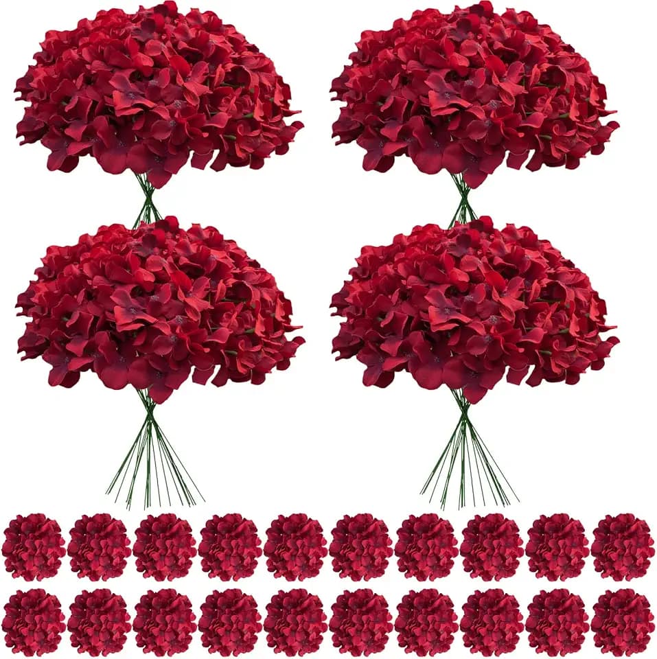 100 Pcs Faux Deep Red Hydrangea Artificial Flowers Bulk, Fake Silk Hydrangea Flowers Heads with Stems for Wedding Decorations Garden Party Baby Shower Porch Home Decor Table Centerpieces