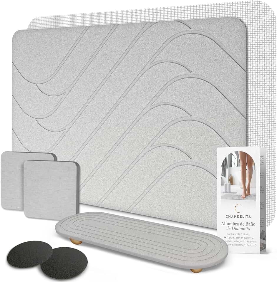 Badematte Stein 60×39 cm Set – Schnelltrocknende Steinmatte Badezimmer aus Diatomit mit Zubehör: Anti-Rutsch Netz, Schleifpapier & Diatomit Ablagen – Hygienisch & Schimmelresistent