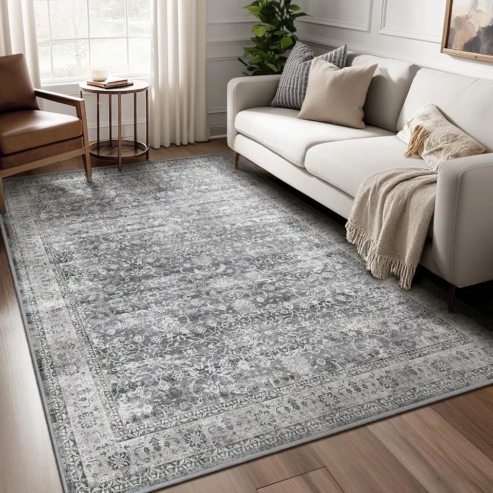 Grey Neutral Area Rug 6x9, Vintage Gray Rugs for Living Room Bedroom, Washable Non Slip Low Pile Thin Carpet Rug for Dining Room Guest Room Home Office