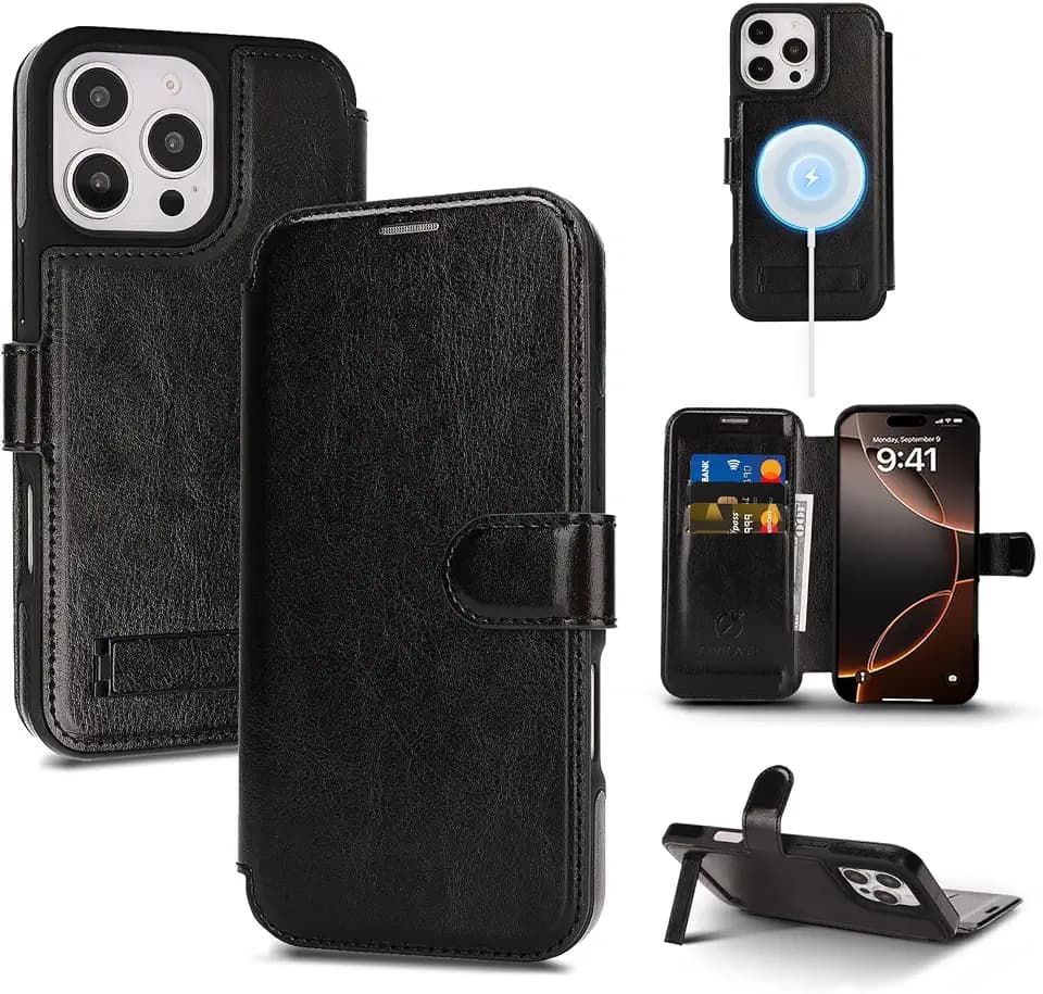 for iPhone 16 Pro Max Wallet Case with Stand,PU Leather Flip Credit Card Holder Slots (RFID Blocking),Compatible with Magsafe Magnetic Holder Phone Cover Women Men,Black