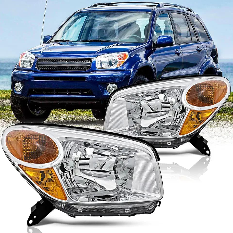 Headlights Assembly Pair for 2004 2005 Toyota RAV4 Head Lamps Replacement Driver and Passenger Side,Chrome Housing Amber Reflector