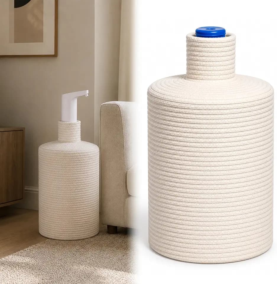 5 Gallon Water Jug Cover, Woven Jute Water Bottle Cover Compatible with USB Electric Water Pumps, Decorative Holder for Water Dispenser Stand and Well Pump, Pump Not Included (Natural White)