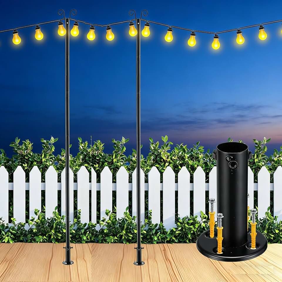 Heavy Duty String Light Poles 8 FT (2 Pack) - Outdoor Patio Deck Light Poles for Outside with Anchor Base and Mounting Bracket, Waterproof Garden Backyard Pole for Wedding Party Garden