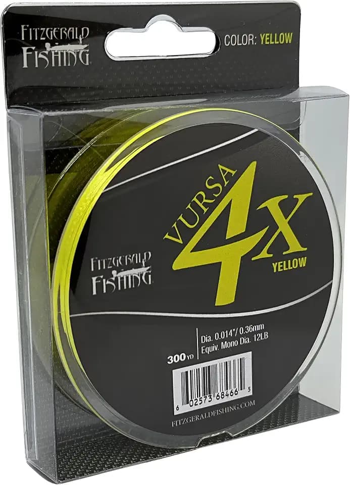 Fitzgerald Vursa 4X Braided Fishing Line - The 4 Strand, Longer Casting, Fade Resistant Freshwater and Saltwater Fishing Line - Available in Green and Yellow, 150/300/1500 Yd, 10-120 Lb