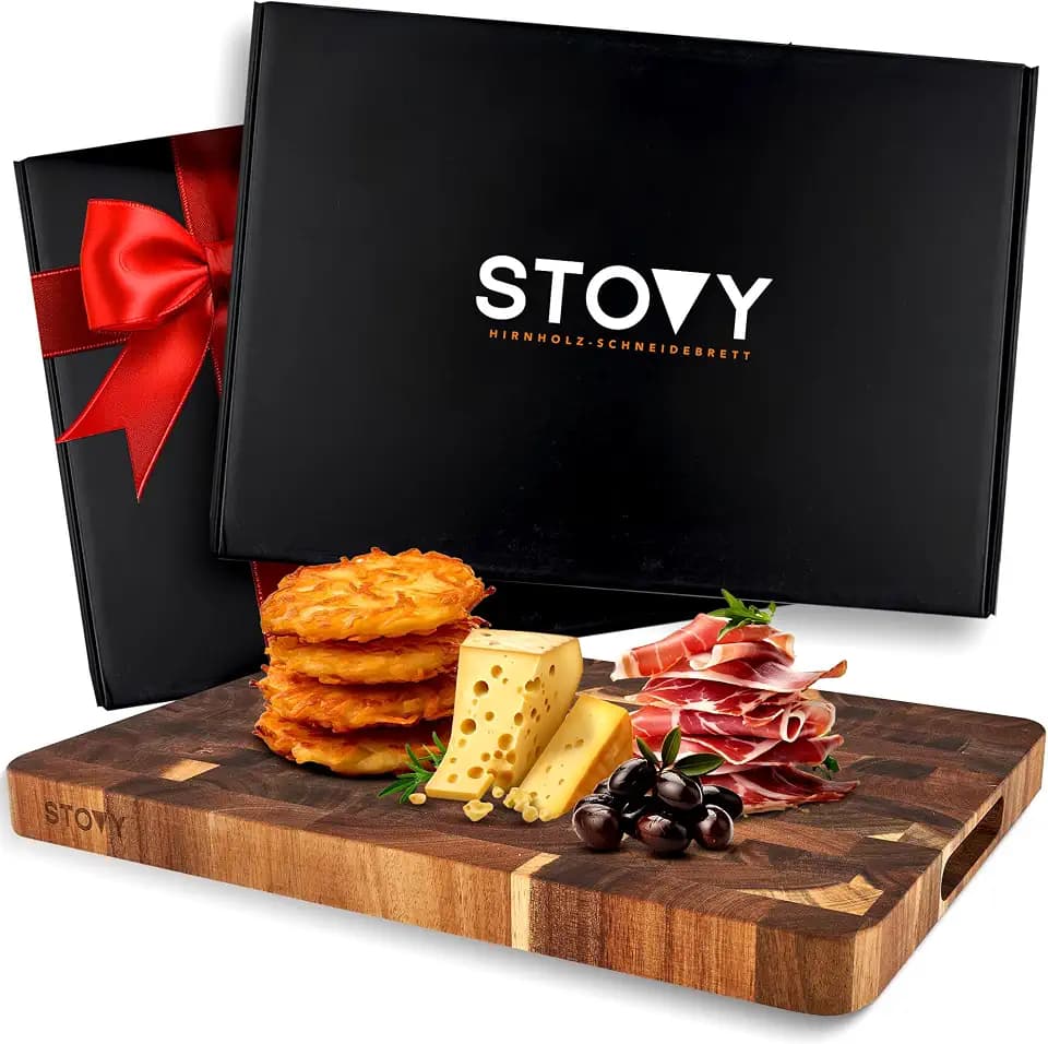 STOVY® Schneidebrett Holz – Stirnholz Schneidebrett aus massivem Akazienholz 40 x 30 x 3cm – Antibakterielles Hirnholzbrett – Akazienholz
