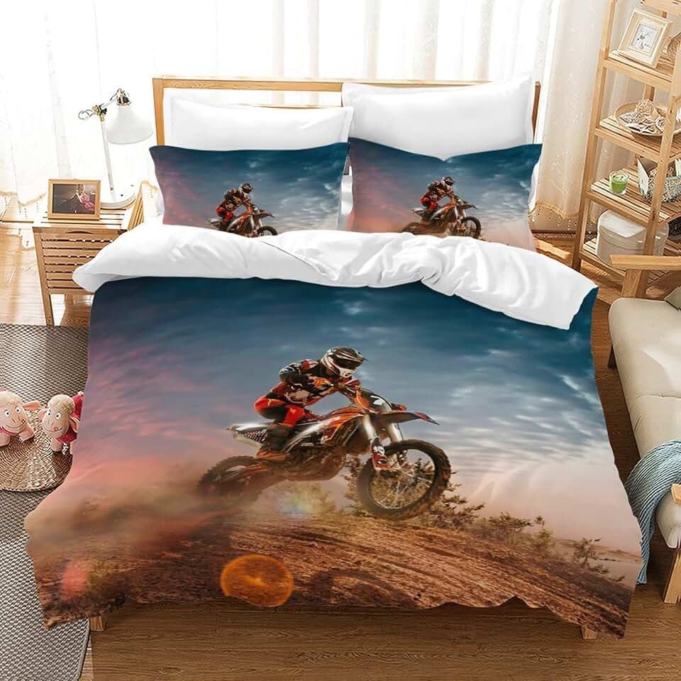 Motocross Bettwäsche Sets, 3D-gedrucktes Muster von Extremsport-Motorrad-Themen-Bettbezug mit 2 Kissenbezügen, für Erwachsene und Kinder (135 x 200 cm, Moto5)