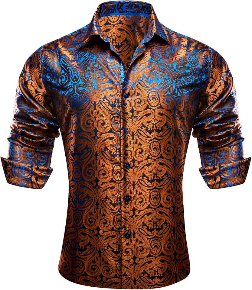 Barry.Wang Mens Dress Shirts Silk Luxury Paisley Big and Tall Long Sleeve Shirt Business Wedding Party Red Black S-3XL