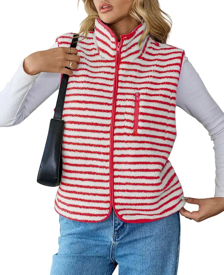 HOTIAN Womens Striped Sherpa Vest Fleece High Neck Zip Up Jacket Sleeveless Warm Outwear with Pockets