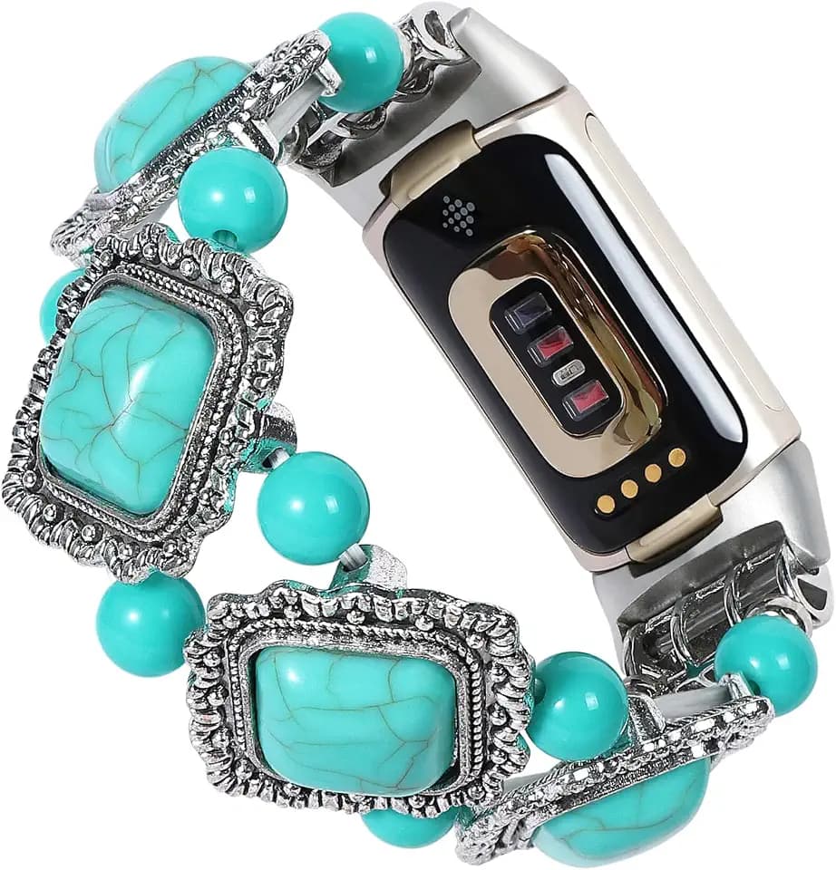 Compatible with Fitbit Charge 5/6 Band Agate Natural Gemstone Beads Western Bracelet for Women Energy Healing Crystal Chakra Western Boho Style Fixed Size Strap, Turquoise
