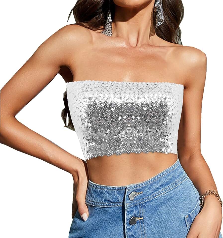 Segreto Damen Glitzer Pailletten Tube Top Sexy Ärmellos Vintage Bandeau Top Meerjungfrauen Trägerlos Crop Top Party Trägertop