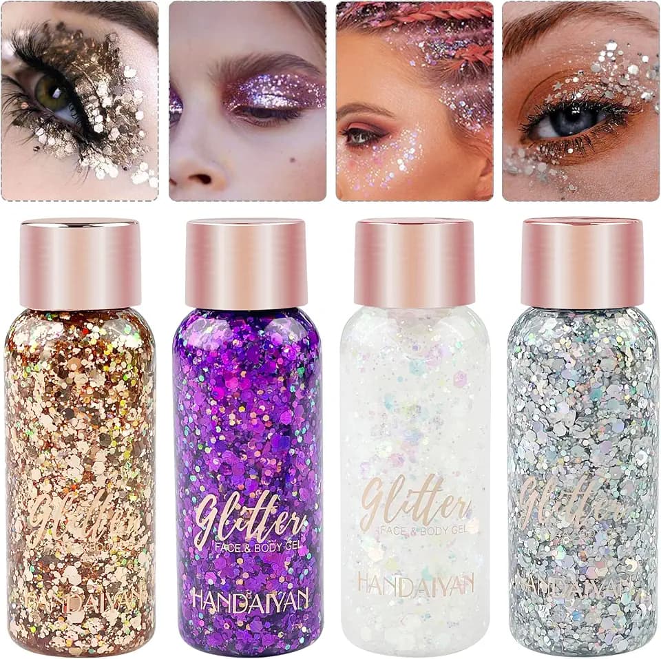 Mesybveo 4 Stück Body Glitter Gel, Mermaid Pailletten Chunky Glitter Liquid Gel, Body Glitzer Flüssiger Lidschatten, Festival Glitzer Gesicht körper, körperglitzer für Haare, Lippen, Gesicht